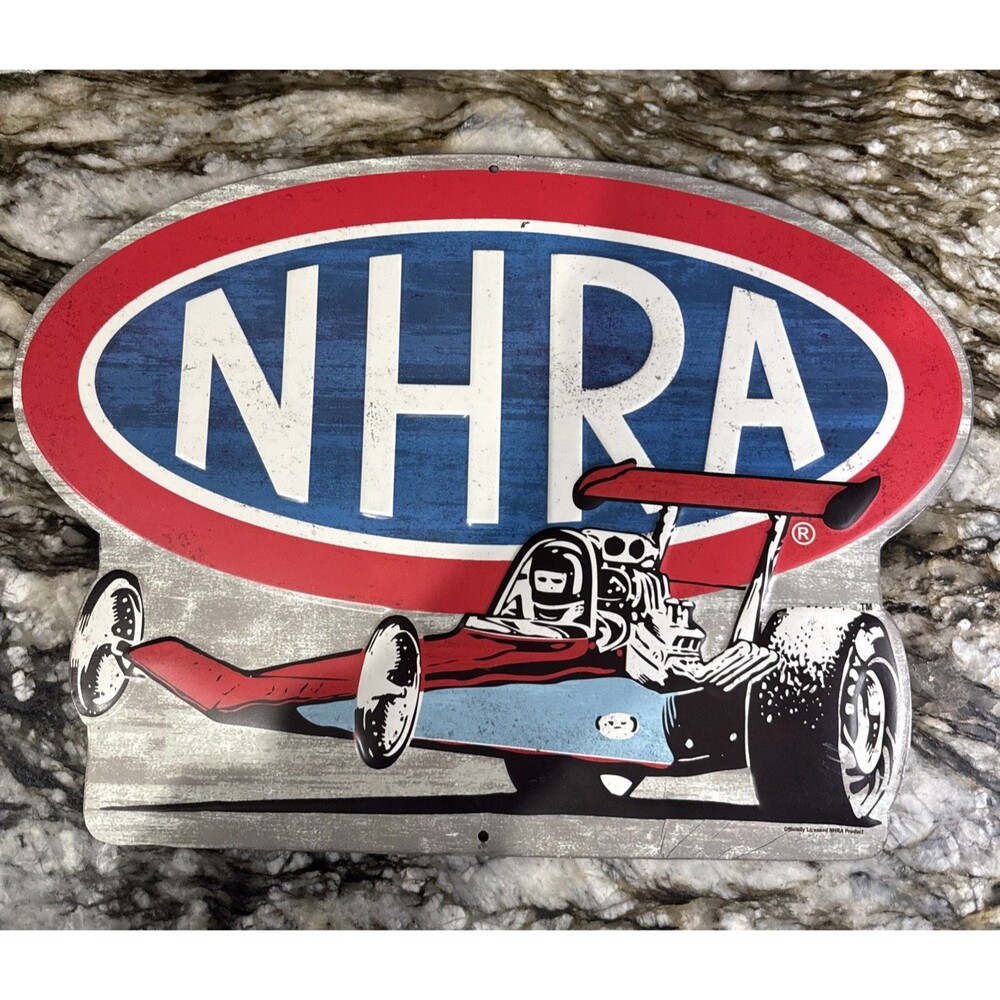 NHRA Logo Racing Dragster Shaped & Embossed 15” Vintage Inspired Sign